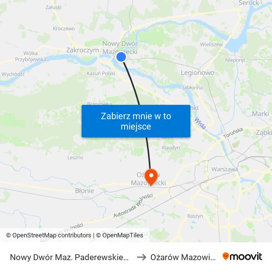 Nowy Dwór Maz. Paderewskiego 01 to Ożarów Mazowiecki map