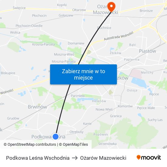 Podkowa Leśna Wschodnia to Ożarów Mazowiecki map