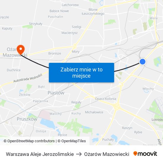 Warszawa Aleje Jerozolimskie to Ożarów Mazowiecki map