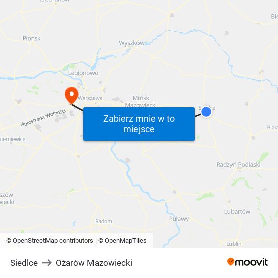 Siedlce to Ożarów Mazowiecki map