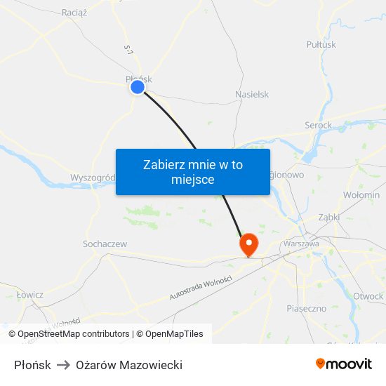 Płońsk to Ożarów Mazowiecki map