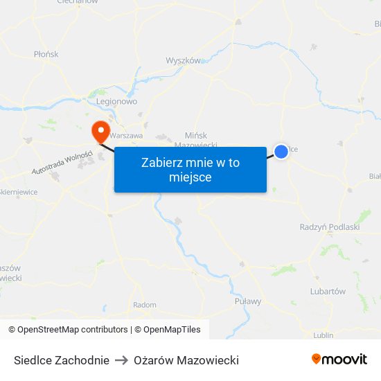 Siedlce Zachodnie to Ożarów Mazowiecki map