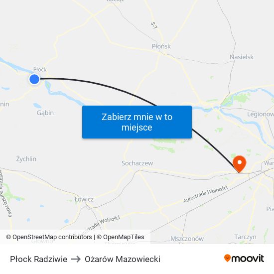 Płock Radziwie to Ożarów Mazowiecki map