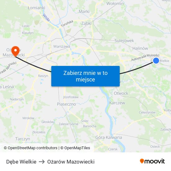 Dębe Wielkie to Ożarów Mazowiecki map