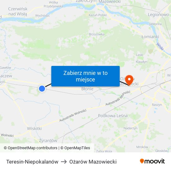 Teresin-Niepokalanów to Ożarów Mazowiecki map