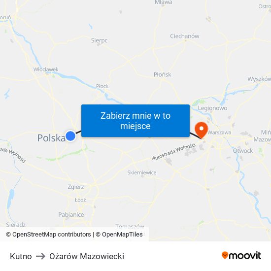 Kutno to Ożarów Mazowiecki map