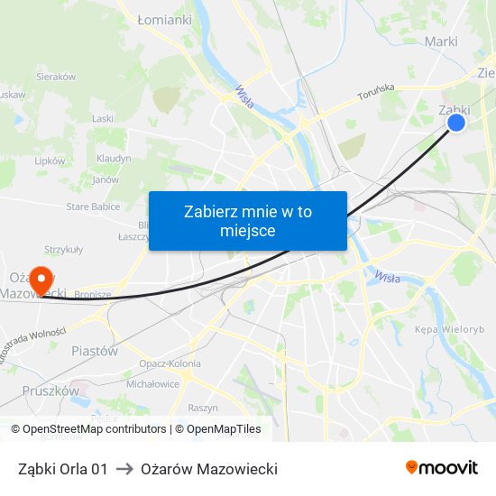 Ząbki Orla 01 to Ożarów Mazowiecki map