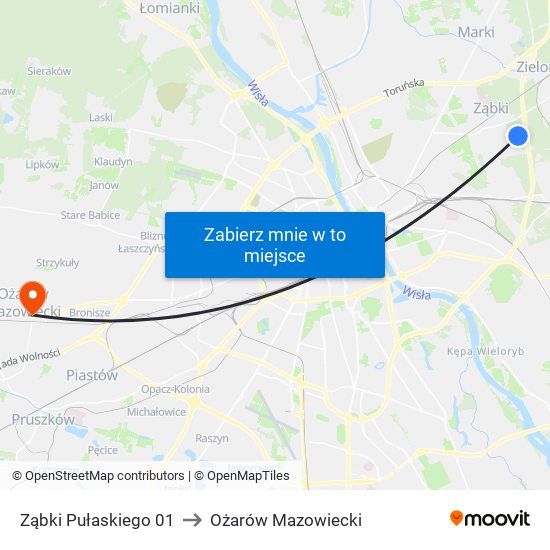 Ząbki Pułaskiego 01 to Ożarów Mazowiecki map