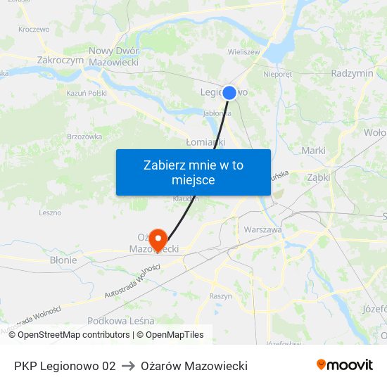 PKP Legionowo 02 to Ożarów Mazowiecki map