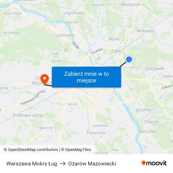 Warszawa Mokry Ług to Ożarów Mazowiecki map