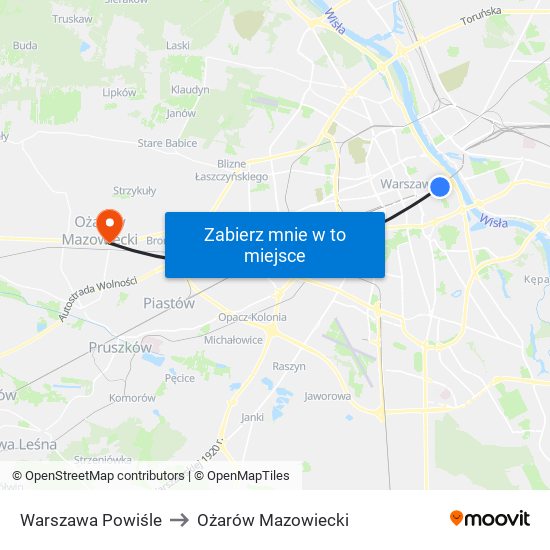 Warszawa Powiśle to Ożarów Mazowiecki map