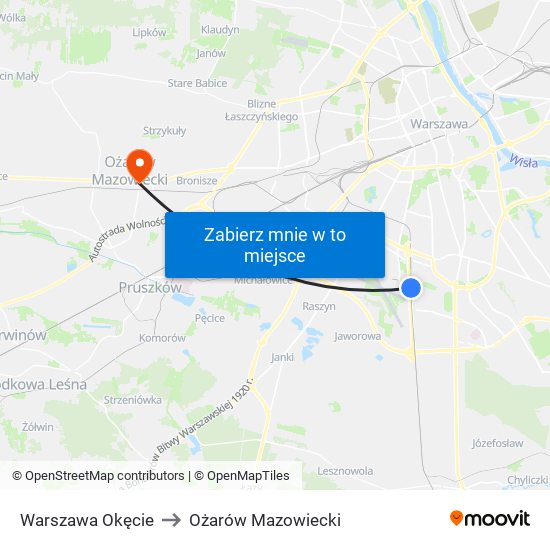 Warszawa Okęcie to Ożarów Mazowiecki map