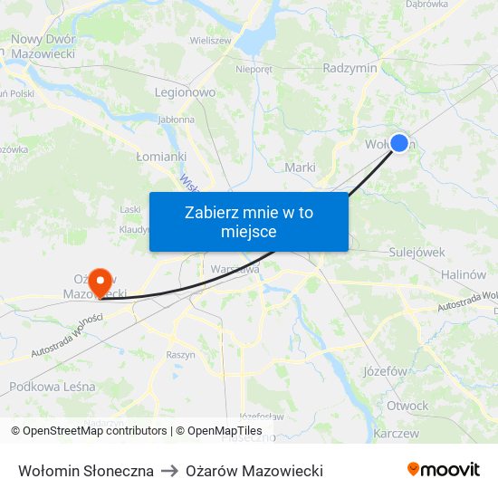 Wołomin Słoneczna to Ożarów Mazowiecki map