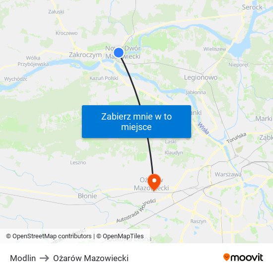 Modlin to Ożarów Mazowiecki map