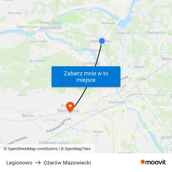 Legionowo to Ożarów Mazowiecki map