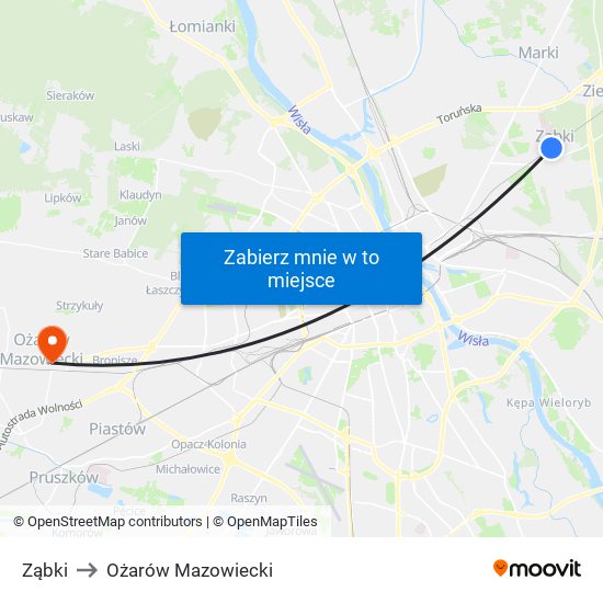 Ząbki to Ożarów Mazowiecki map