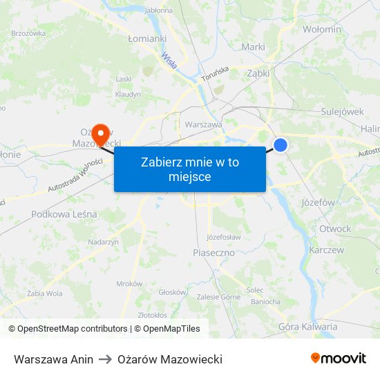 Warszawa Anin to Ożarów Mazowiecki map