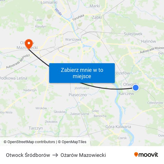 Otwock Śródborów to Ożarów Mazowiecki map