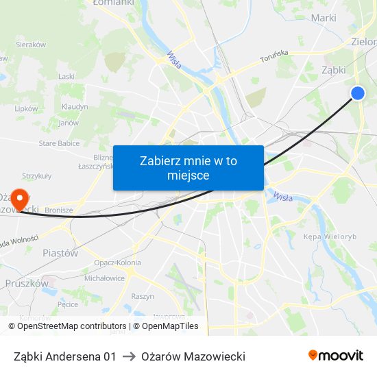 Ząbki Andersena 01 to Ożarów Mazowiecki map