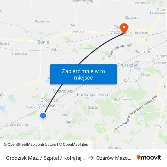 Grodzisk Maz. / Szpital / Kołłątaja 01 (Nż) to Ożarów Mazowiecki map