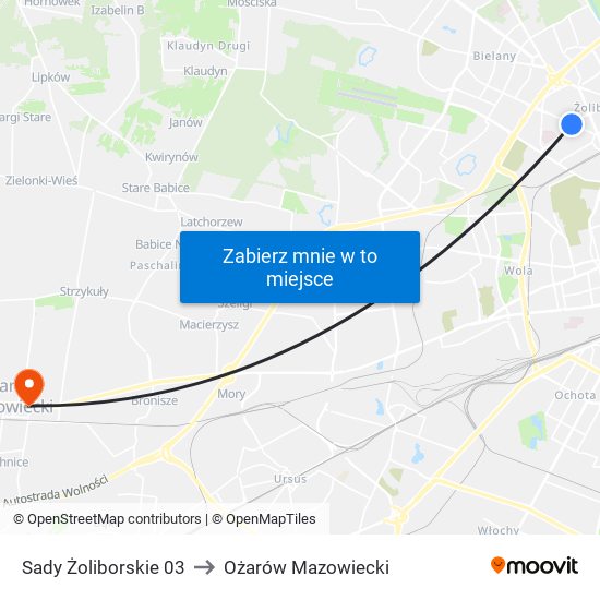 Sady Żoliborskie to Ożarów Mazowiecki map