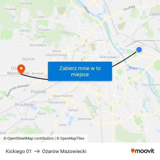 Kickiego 01 to Ożarów Mazowiecki map
