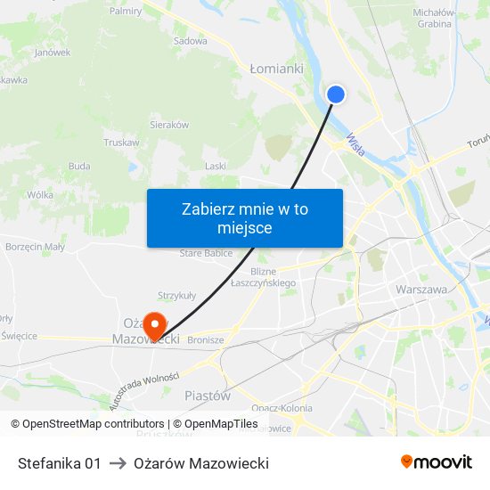 Stefanika 01 to Ożarów Mazowiecki map