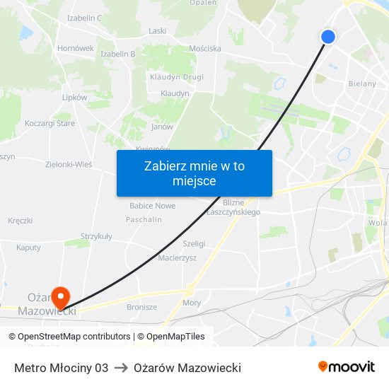 Metro Młociny 03 to Ożarów Mazowiecki map