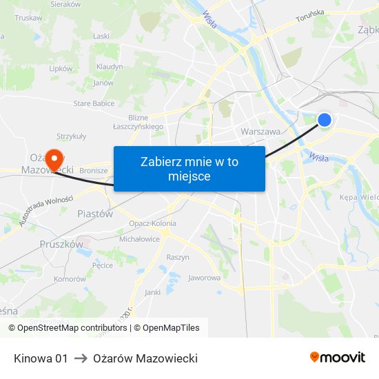 Kinowa 01 to Ożarów Mazowiecki map