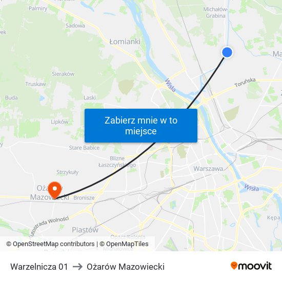 Warzelnicza 01 to Ożarów Mazowiecki map