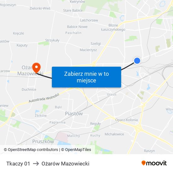 Tkaczy 01 to Ożarów Mazowiecki map