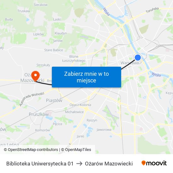 Biblioteka Uniwersytecka 01 to Ożarów Mazowiecki map