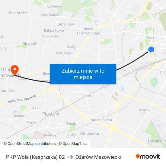 PKP Wola (Kasprzaka) to Ożarów Mazowiecki map