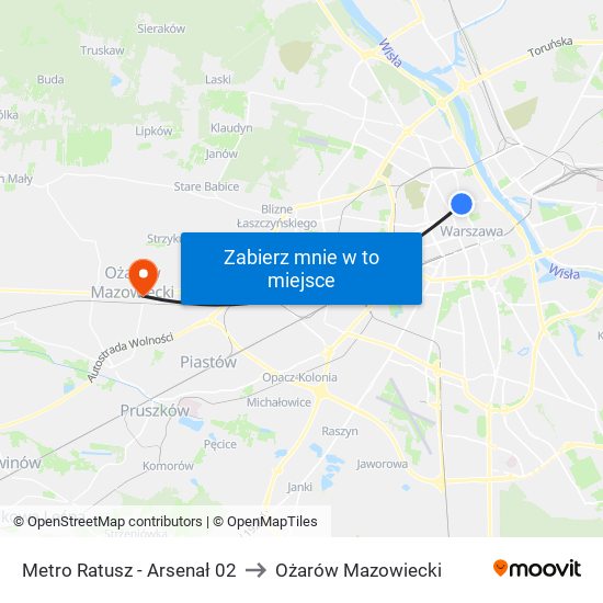 Metro Ratusz Arsenał to Ożarów Mazowiecki map