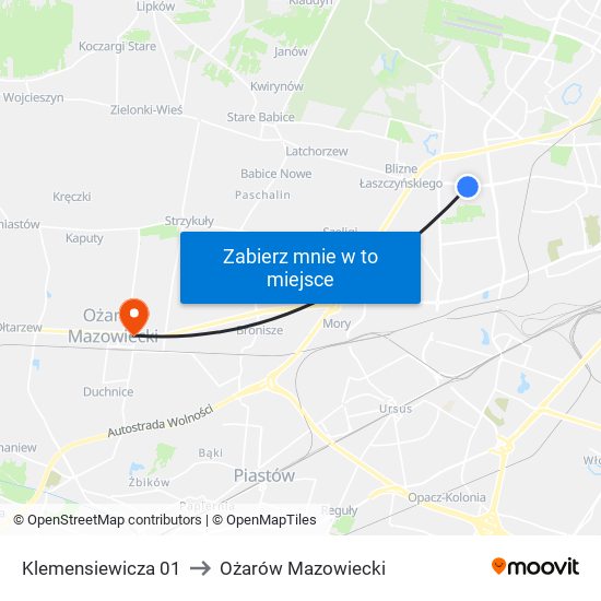 Klemensiewicza to Ożarów Mazowiecki map