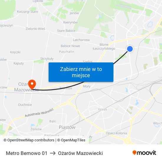 Metro Bemowo 01 to Ożarów Mazowiecki map