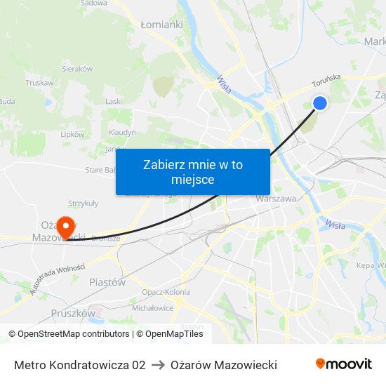 Metro Kondratowicza 02 to Ożarów Mazowiecki map