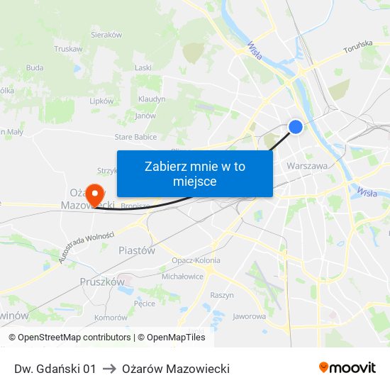 Dw. Gdański 01 to Ożarów Mazowiecki map