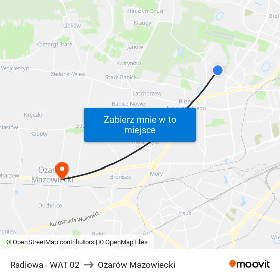 Radiowa-Wat to Ożarów Mazowiecki map