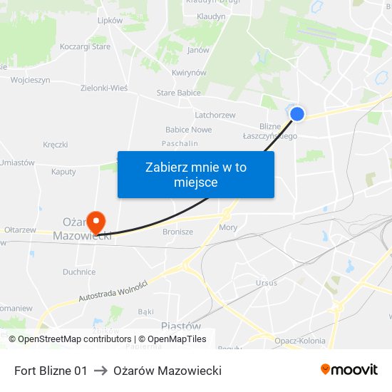 Fort Blizne 01 to Ożarów Mazowiecki map