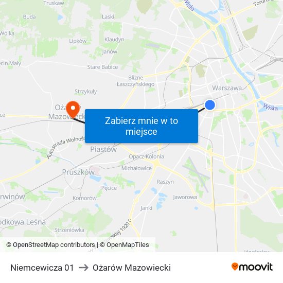 Niemcewicza 01 to Ożarów Mazowiecki map