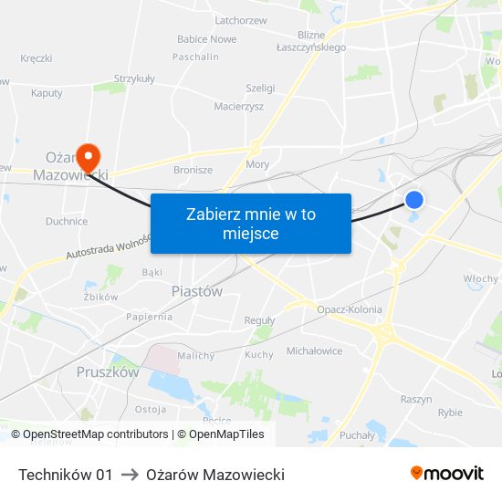 Techników 01 to Ożarów Mazowiecki map