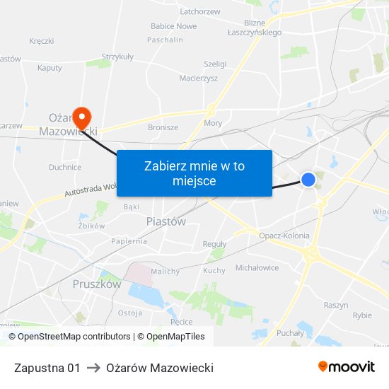 Zapustna 01 to Ożarów Mazowiecki map