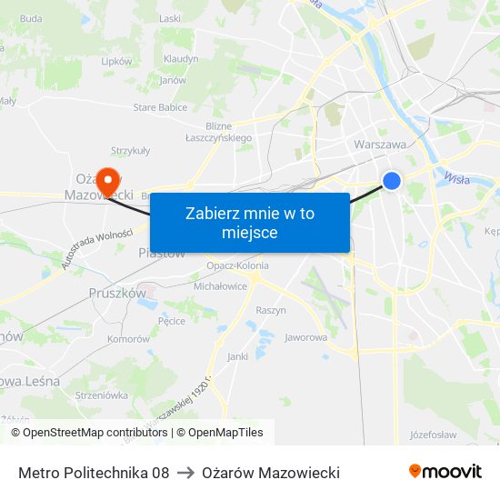 Metro Politechnika 08 to Ożarów Mazowiecki map