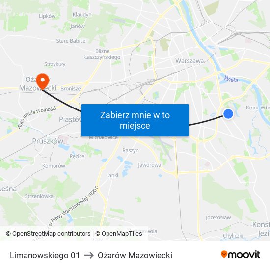 Limanowskiego 01 to Ożarów Mazowiecki map