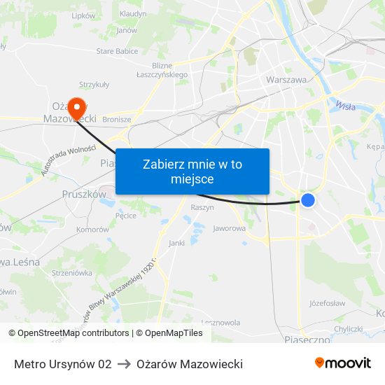 Metro Ursynów 02 to Ożarów Mazowiecki map