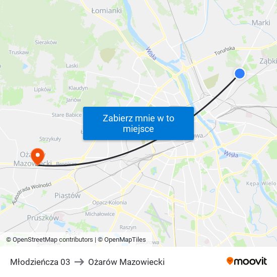 Młodzieńcza 03 to Ożarów Mazowiecki map