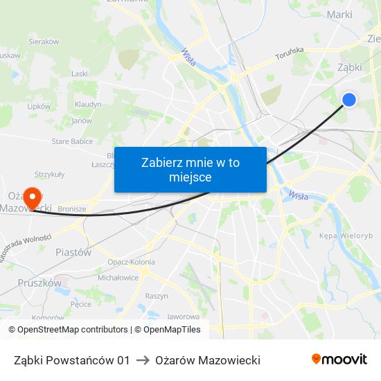 Ząbki Powstańców to Ożarów Mazowiecki map