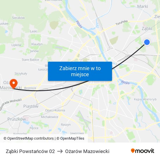 Ząbki Powstańców 02 to Ożarów Mazowiecki map