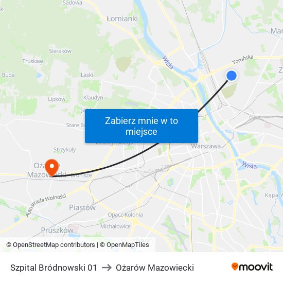 Szpital Bródnowski 01 to Ożarów Mazowiecki map